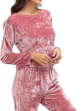 Women Velvet 2 Piece Wrinkle Tracksuits Pajamas Lounge Sets Outfits Set